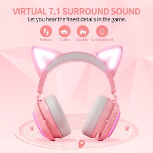 هدست SOMiC GS510 Cat Ear هدست بازی بی سیم برای PS5/PS4/ PC، هدست صورتی 2.4G با حذف نویز میکروفون جمع شونده، صدای استریو 7.1، زمان پخش 10 ساعت، نورپردازی RGB برای دختران، زنان