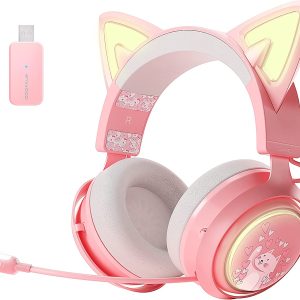 هدست SOMiC GS510 Cat Ear هدست بازی بی سیم برای PS5/PS4/ PC، هدست صورتی 2.4G با حذف نویز میکروفون جمع شونده، صدای استریو 7.1، زمان پخش 10 ساعت، نورپردازی RGB برای دختران، زنان